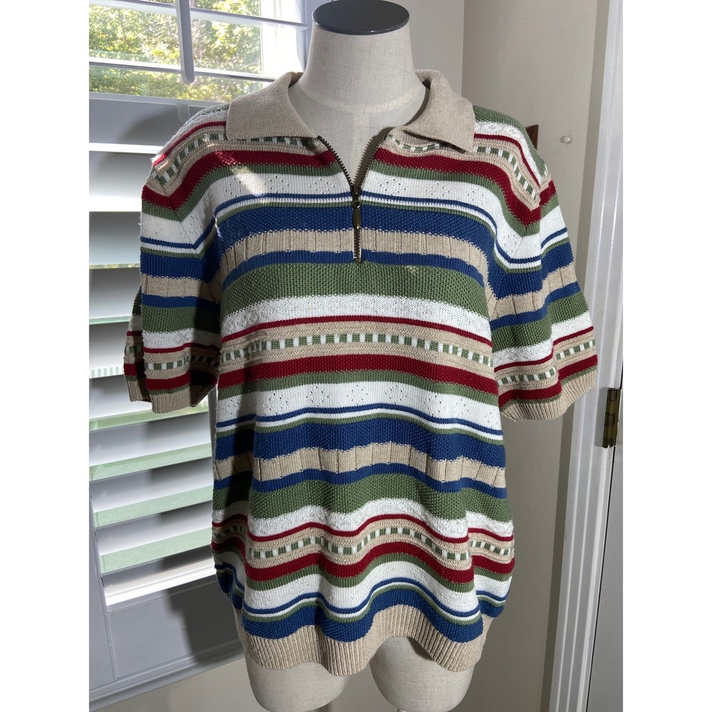 Vintage Alfred Dunner Knit Polo Large Multicolor Striped Quarter Zip 90's Retro